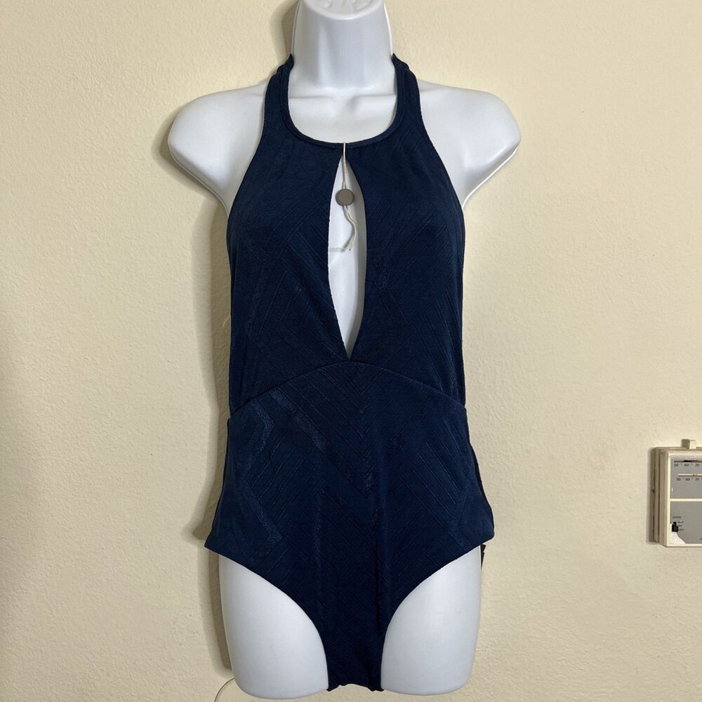 Jets By Jessika Allen One Piece High Neck Clarity Navy Blue Swimsuit SZ 8